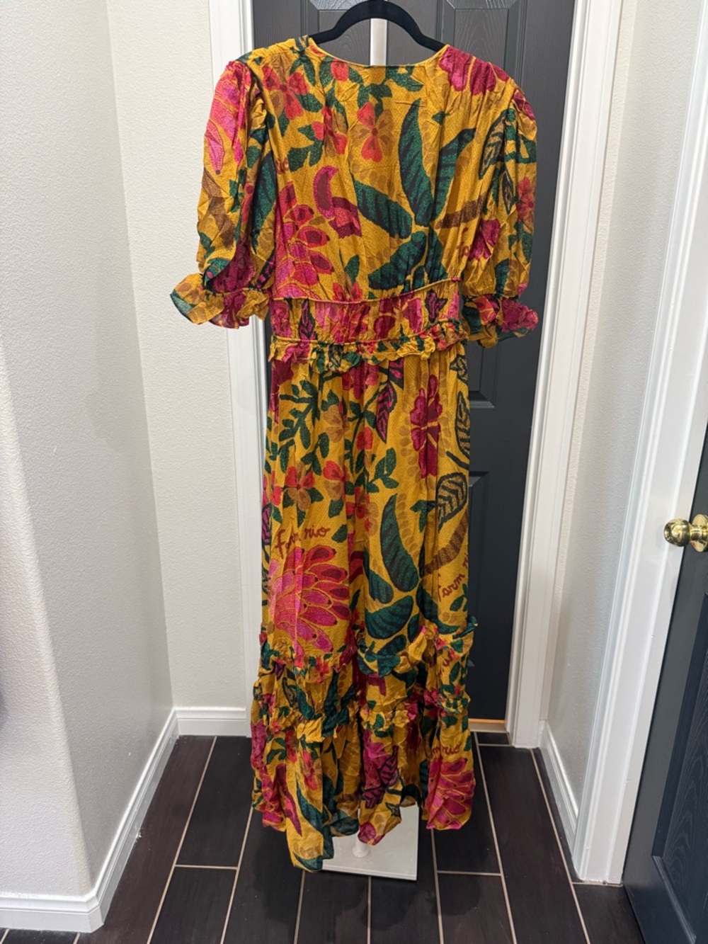 FARM Rio Mustard Floral Tiered Maxi Dress with Pink & Green Motif - Picture 3 of 7